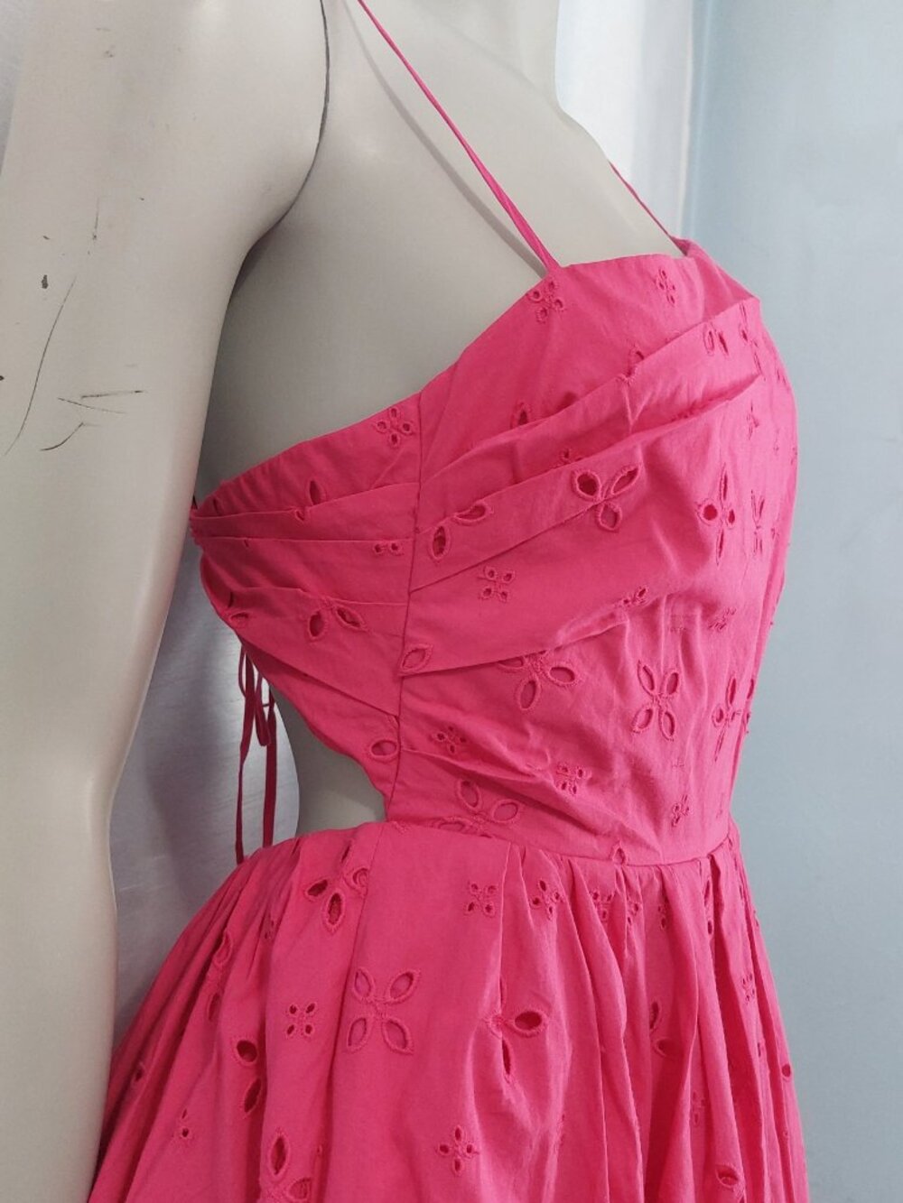 NEW J CREW Pink Eyelet Midi Dress 2 String Tie Open Back Full Skirt Sleeveless - Picture 6 of 15